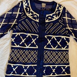 Chico's Blue and White Embroidered Blazer
